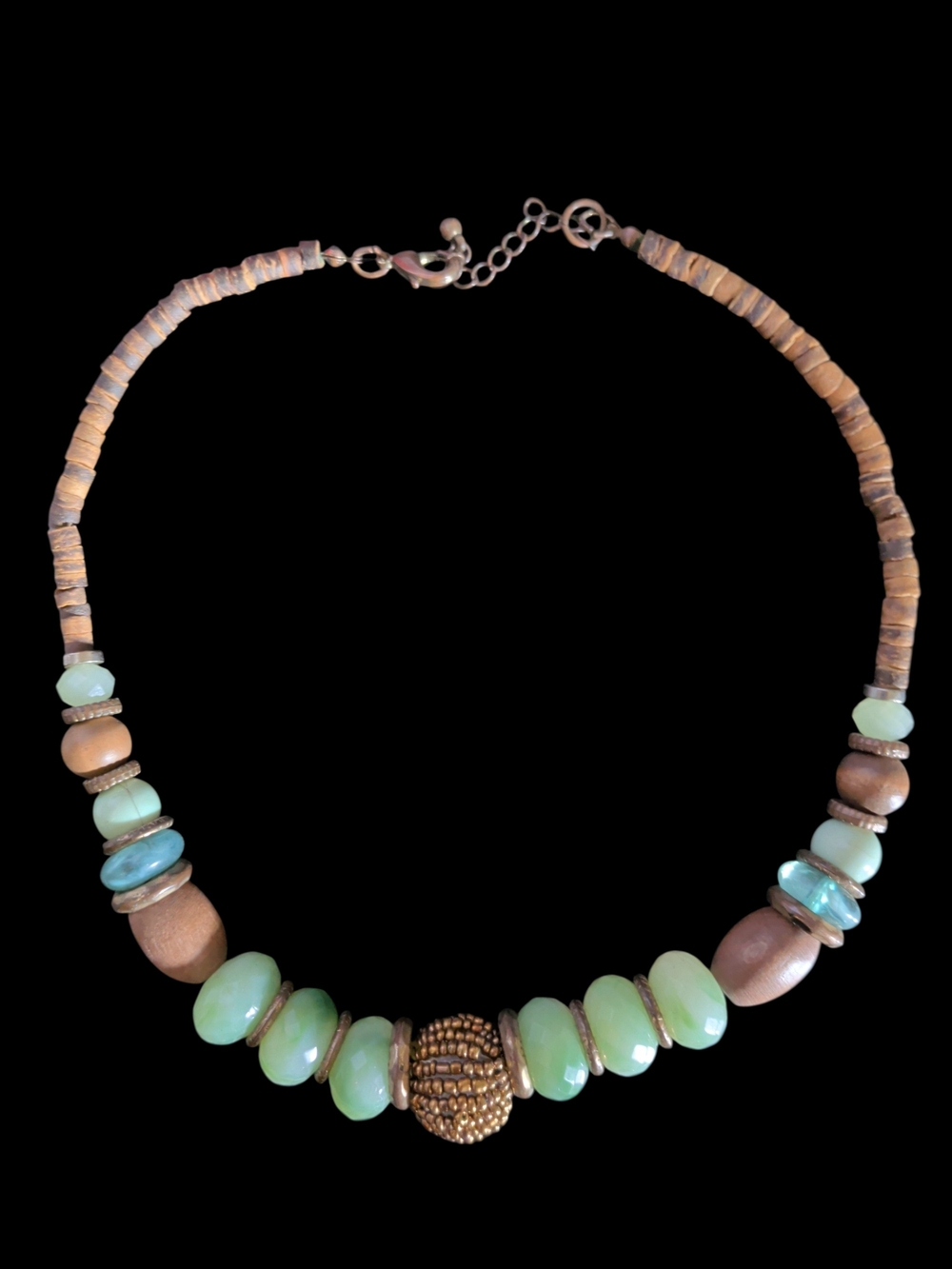 Vintage Boho Earth Tone Beaded Necklace - Green, Wood & Gold Accents